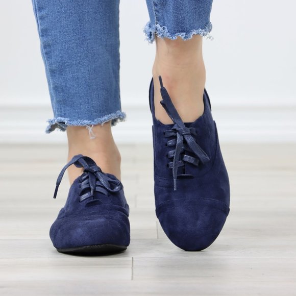 Navy Faux Suede Lace up Oxford Style Shoes Flats - Picture 7 of 12
